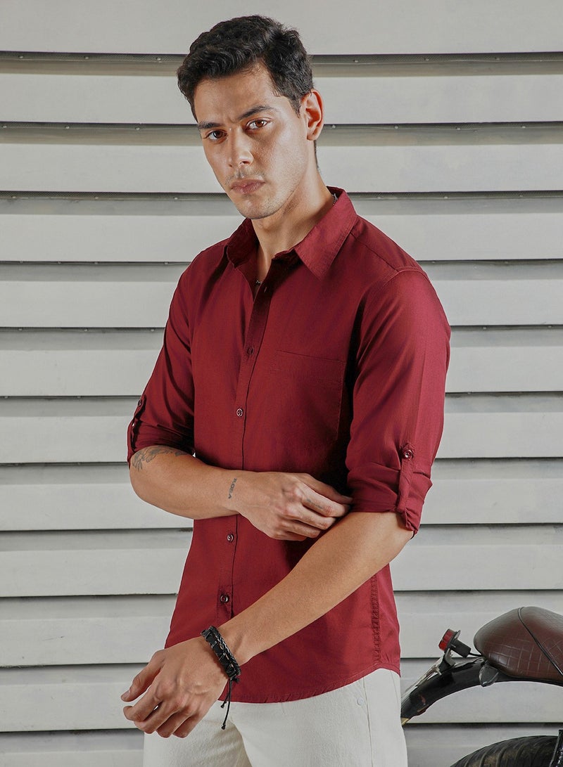 Classic Spread Collar Roll Up Sleeves Cotton Casual Shirt