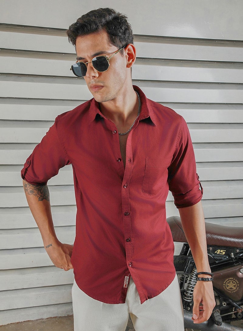 Classic Spread Collar Roll Up Sleeves Cotton Casual Shirt