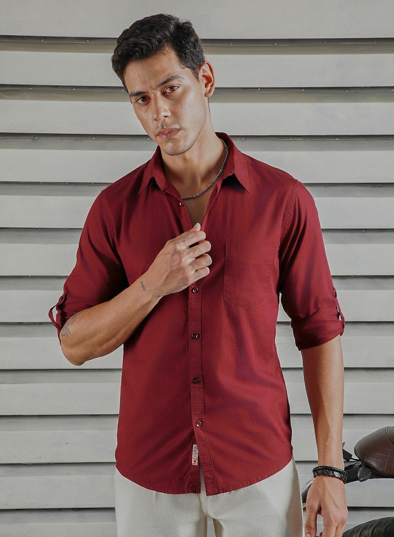 Classic Spread Collar Roll Up Sleeves Cotton Casual Shirt