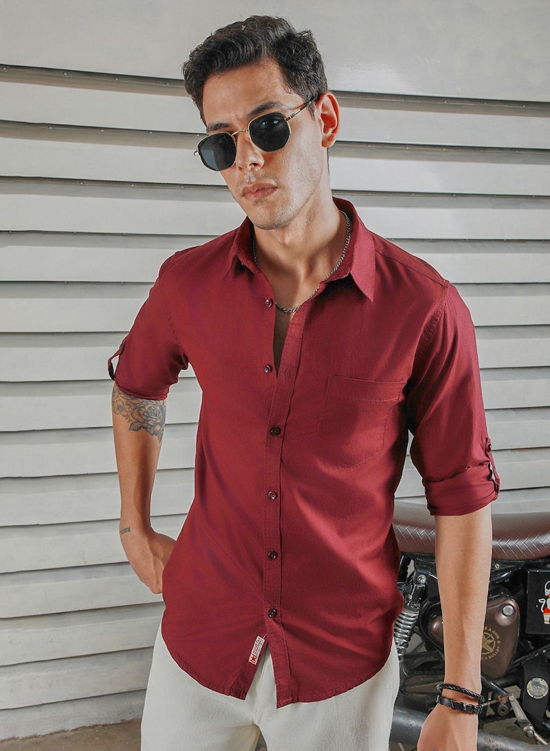 Classic Spread Collar Roll Up Sleeves Cotton Casual Shirt