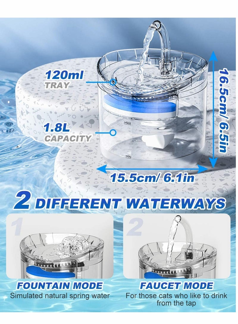 Cat Water Fountain 1.8L Cat Fountain with 4 Filters 3 Water Speed Settings and Faucet Automatic Transparent Pet Water Fountain Ultra Quiet Drinking Fountain for Cats Dogs Pet