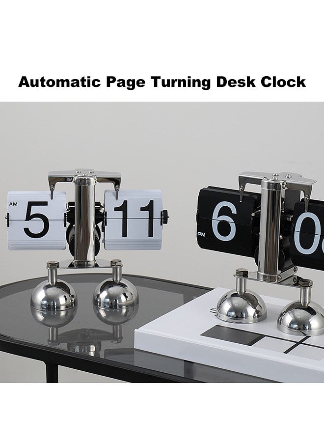 Automatic Page Turning Clock Stainless Steel Double Foot Small Scales Flip Desk Clock Vintage Living Room Home Decoration