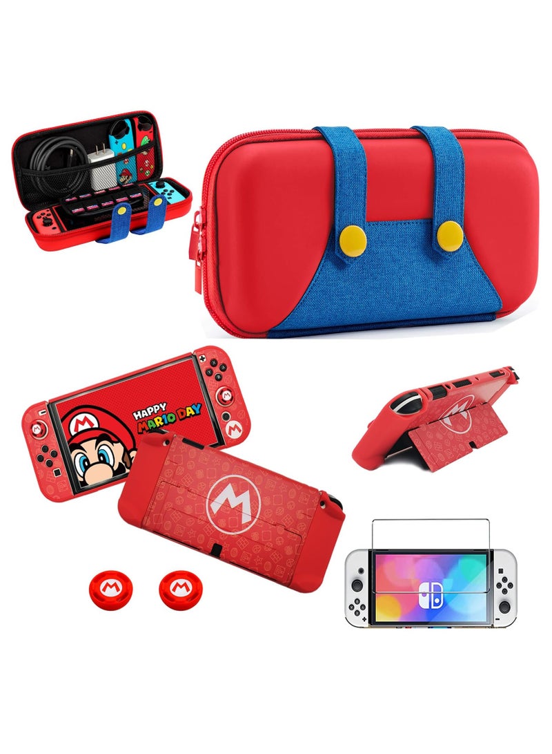 4-in-1 Switch Carrying Case for Nintendo Switch OLED, Portable Travel Case with Hard Cover Case, Screen Protector and Thumb Grip Caps, Carry bag with Game Holders for Switch OLED