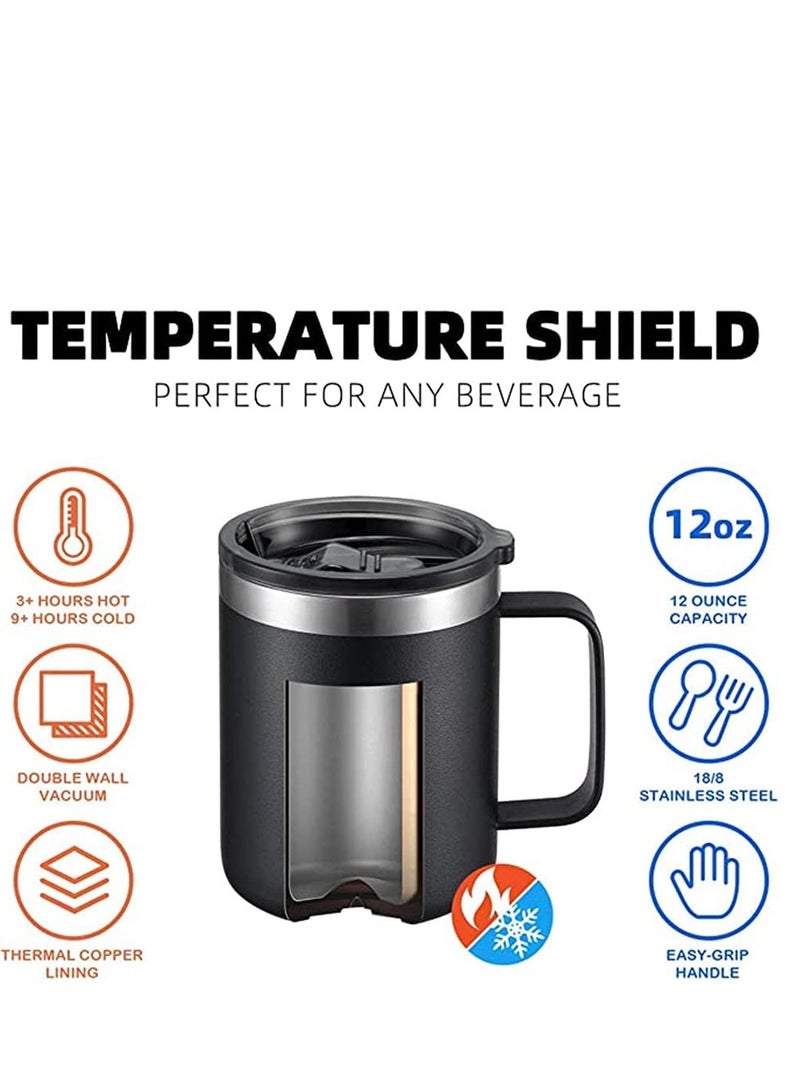 Coffee Mug, 12 Oz Stainless Steel Insulated Coffee Mug with Handle, Double Wall Vacuum Travel Mug, Tumbler Cup with Sliding Lid, for Hot and Cold Drinks Tea Black