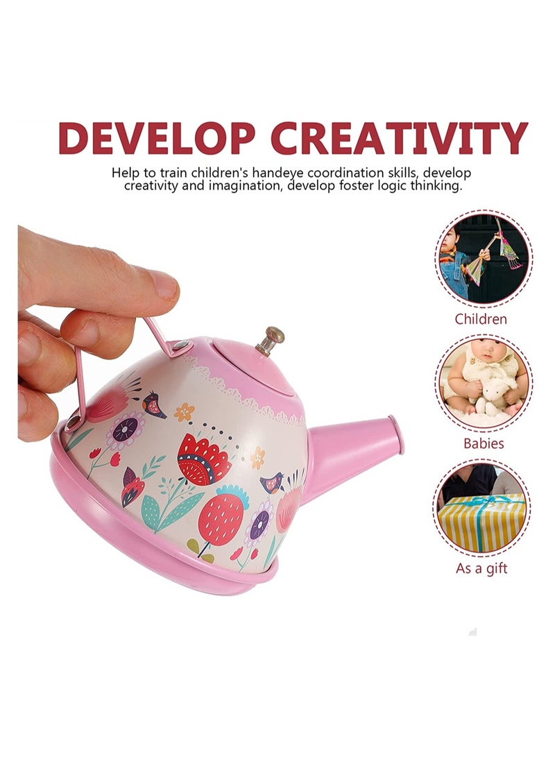 Tea Set for Little Girls, Pink Tin Tea Party Set for Toddlers Afternoon Tea Time Playset with Metal Teapots Tea Cups Play Dishes Princess Toys with Carry Case, Kids Kitchen Dress Up Play Tea Set