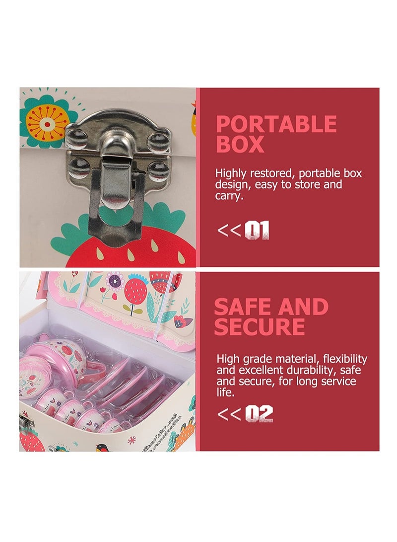 Tea Set for Little Girls, Pink Tin Tea Party Set for Toddlers Afternoon Tea Time Playset with Metal Teapots Tea Cups Play Dishes Princess Toys with Carry Case, Kids Kitchen Dress Up Play Tea Set