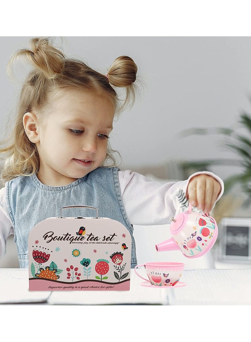 Tea Set for Little Girls, Pink Tin Tea Party Set for Toddlers Afternoon Tea Time Playset with Metal Teapots Tea Cups Play Dishes Princess Toys with Carry Case, Kids Kitchen Dress Up Play Tea Set