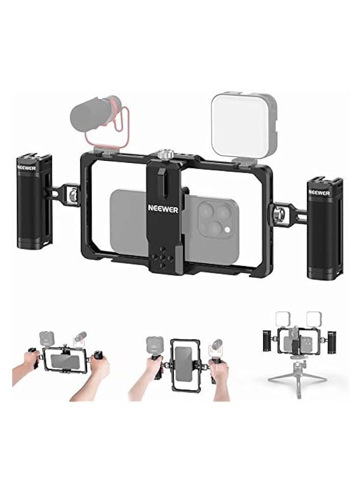 NEEWER Upgraded Phone Rig Vlogging Kit, Video Stabilizer with Dual Handle, Wireless Mic Clip Slot for Tiktok/YouTube, Compatible with SmallRig iPhone 15 14 Pro Max 13 Pro Max Galaxy S23, PA009