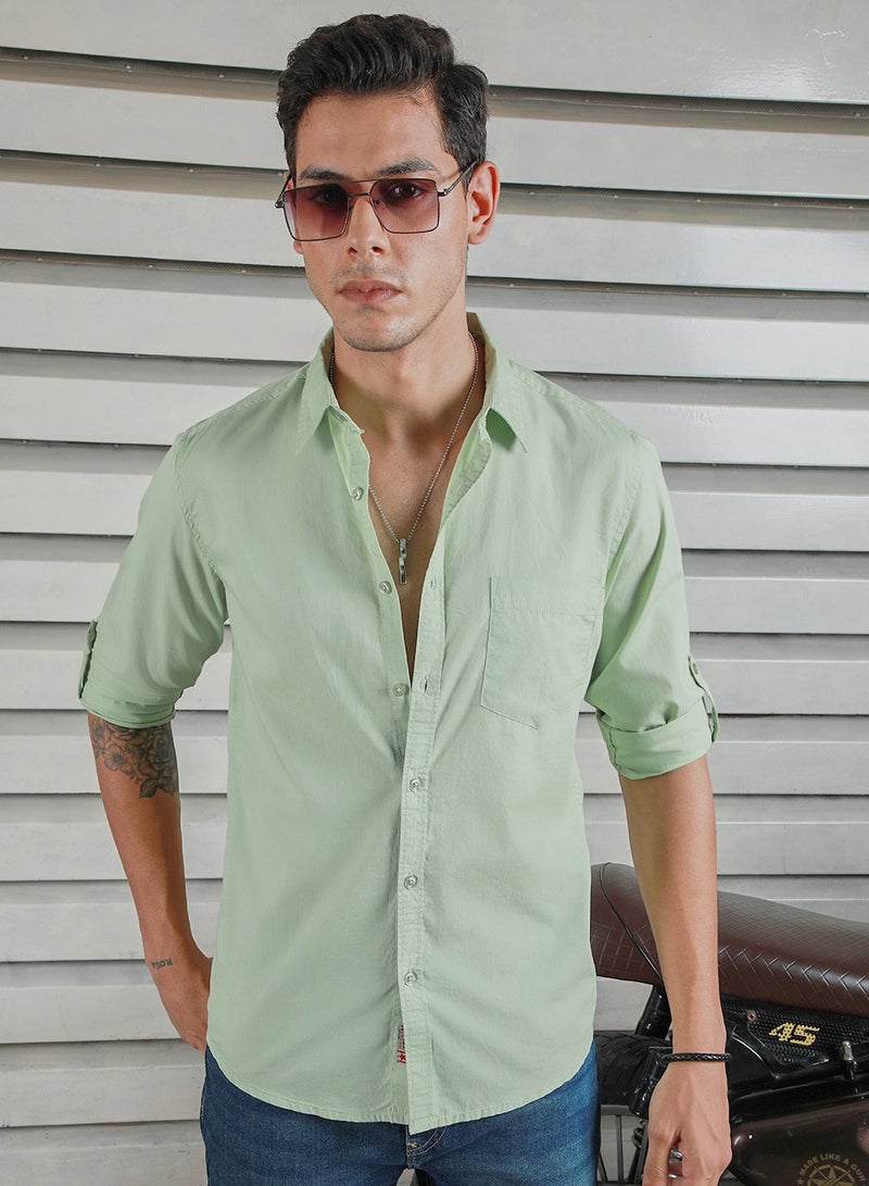 Classic Spread Collar Roll-Up Sleeves Cotton Casual Shirt