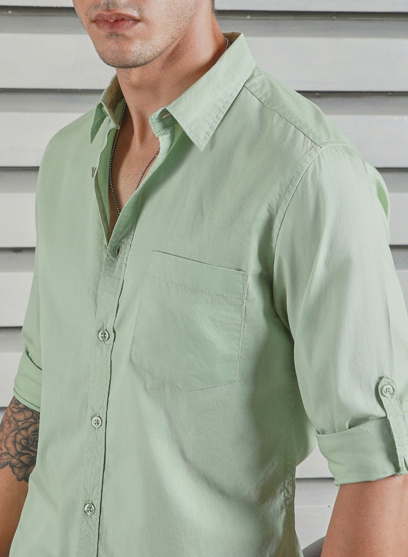 Classic Spread Collar Roll-Up Sleeves Cotton Casual Shirt