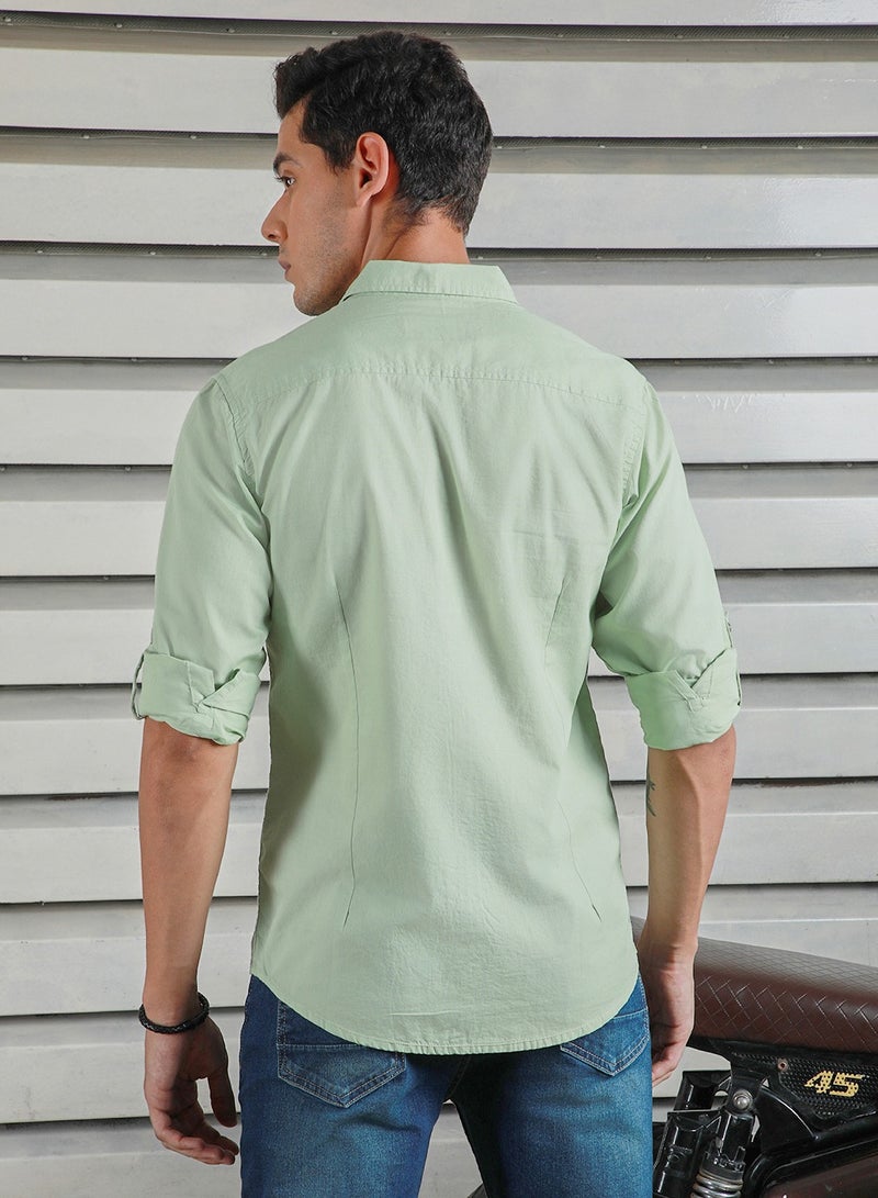 Classic Spread Collar Roll-Up Sleeves Cotton Casual Shirt