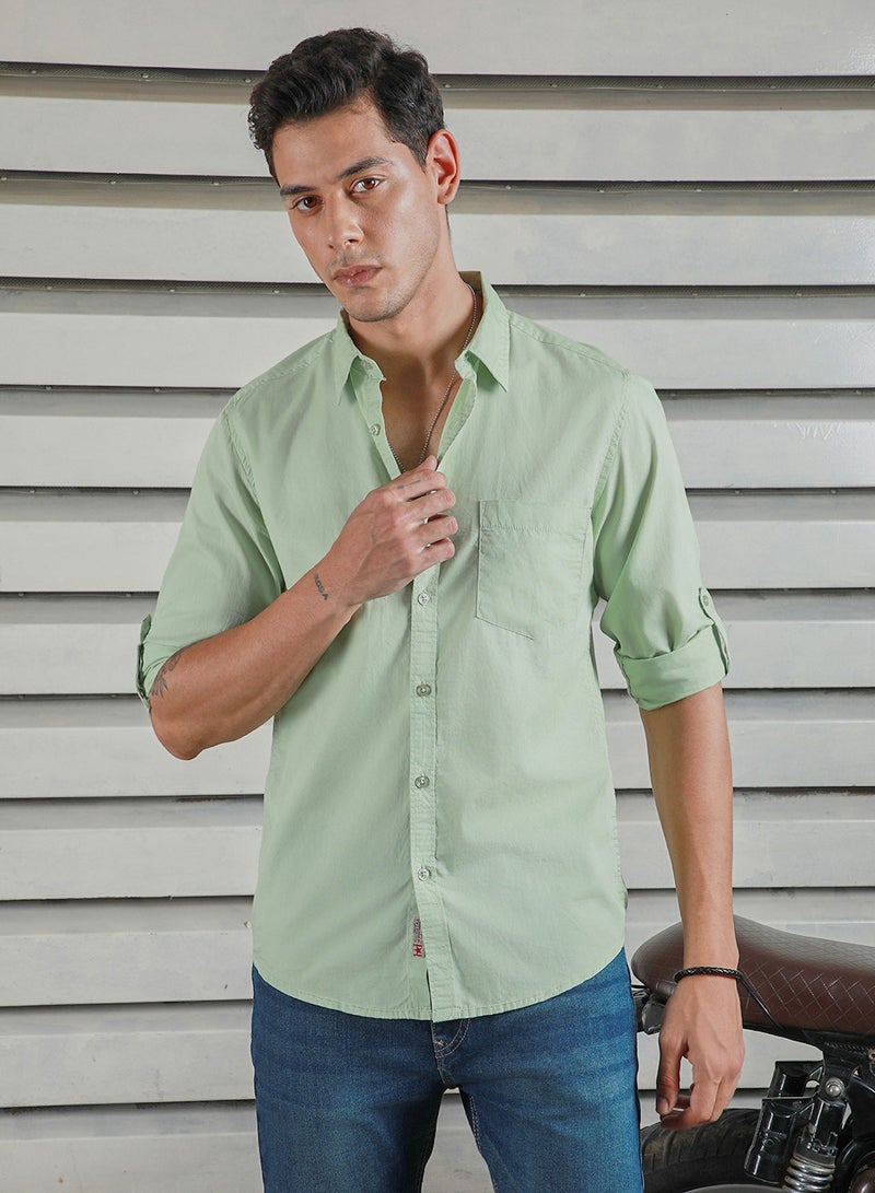 Classic Spread Collar Roll-Up Sleeves Cotton Casual Shirt