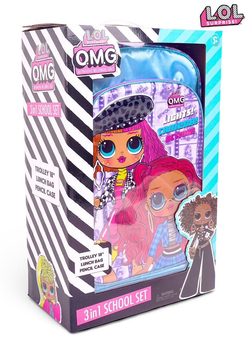 LOL-OMG  18 Inch Kids 3-in-1 Trolley School Bag Set - Ergonomic Backpack, Insulated Lunch Bag & Pencil Case,Lightweight, Durable, Students 6+ - Perfect for Travel & School,For Girls