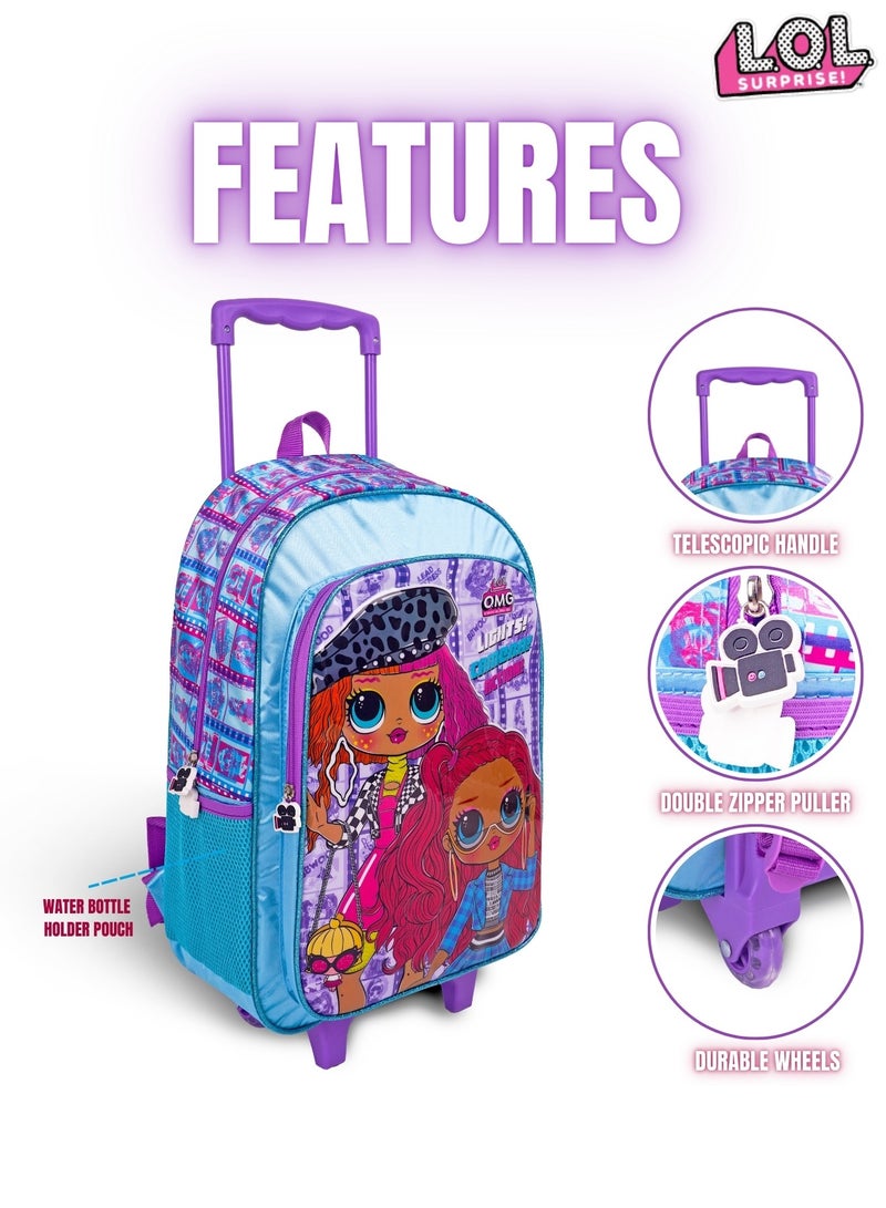 LOL-OMG  18 Inch Kids 3-in-1 Trolley School Bag Set - Ergonomic Backpack, Insulated Lunch Bag & Pencil Case,Lightweight, Durable, Students 6+ - Perfect for Travel & School,For Girls