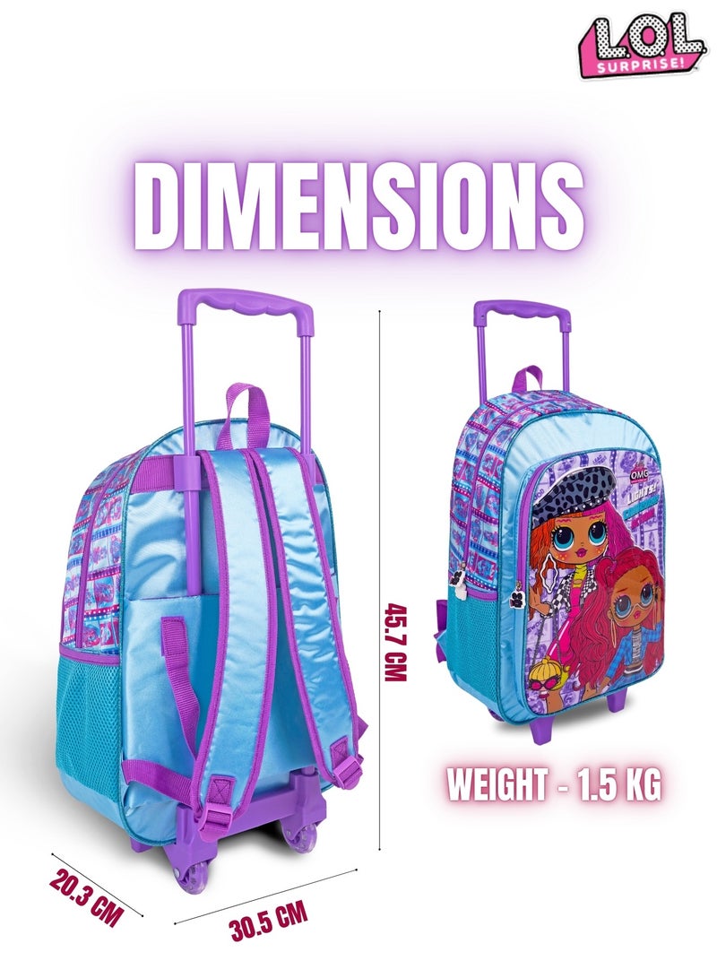 LOL-OMG  18 Inch Kids 3-in-1 Trolley School Bag Set - Ergonomic Backpack, Insulated Lunch Bag & Pencil Case,Lightweight, Durable, Students 6+ - Perfect for Travel & School,For Girls