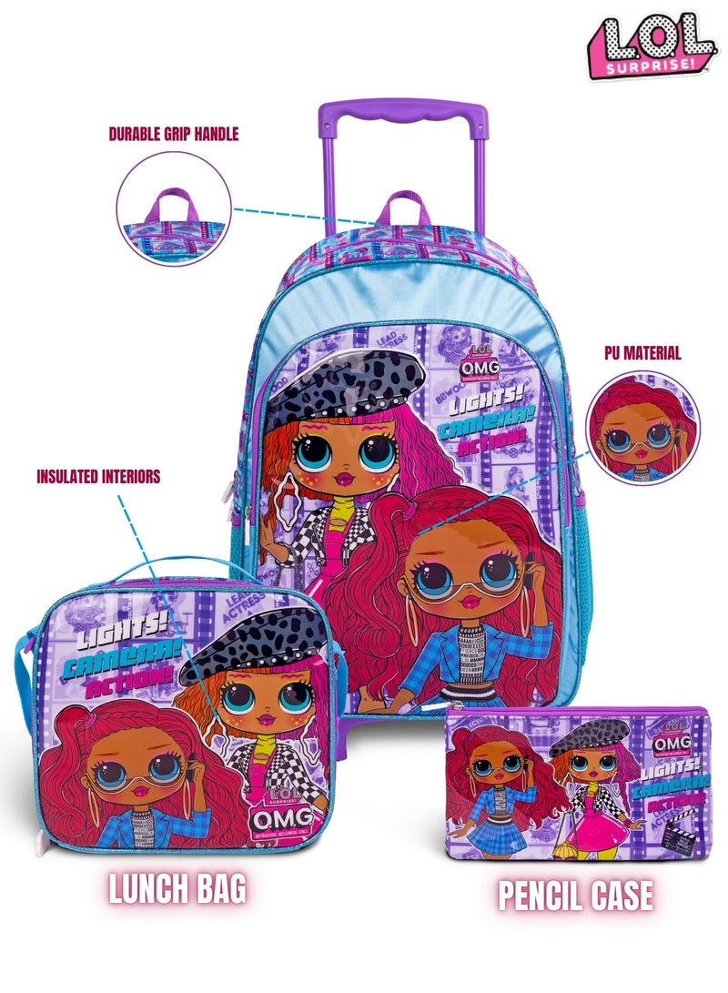 LOL-OMG  18 Inch Kids 3-in-1 Trolley School Bag Set - Ergonomic Backpack, Insulated Lunch Bag & Pencil Case,Lightweight, Durable, Students 6+ - Perfect for Travel & School,For Girls