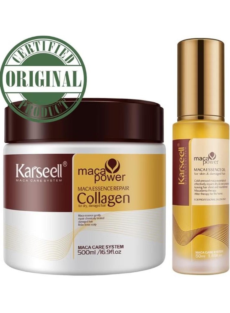 Karseell Collagen Hair Treatment - Deep Repair Mask 500ml - Argan Oil Hair Serum for Dry Damaged Hair 50ml - All Hair Types