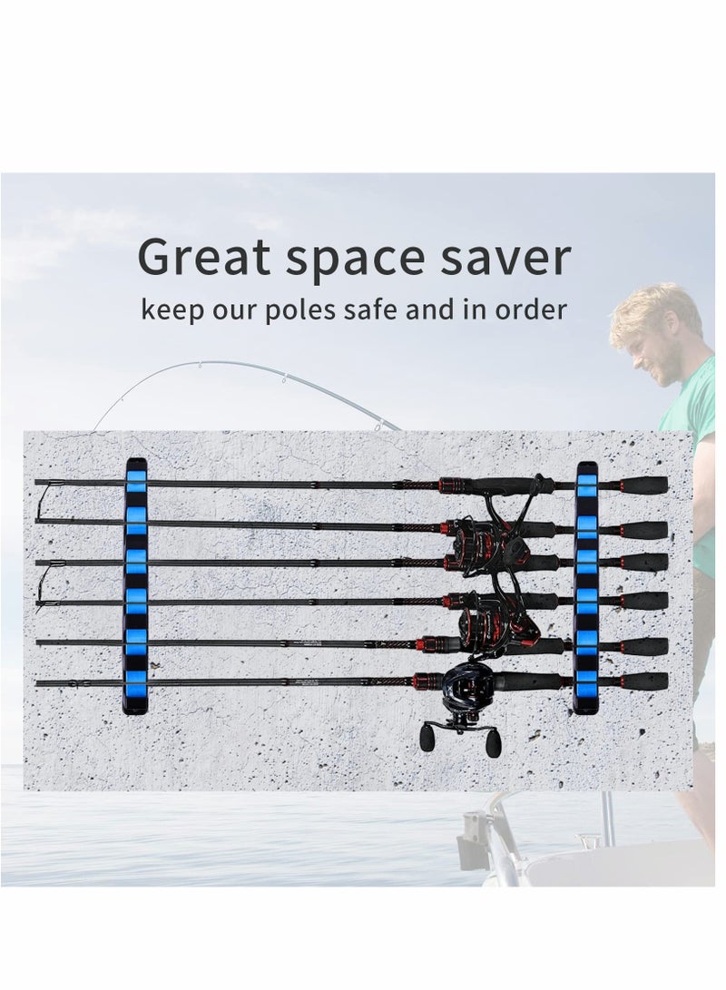 Rod Racks Upgraded Fishing Rod Holder, Wall Mounted Fishing Rod Rack, Fishing Pole Holders for Garage,6-Rod Fishing Pole Rack, 1 Pair (Horizontal), BLUE, 13.8 * 5.3 * 1.3in