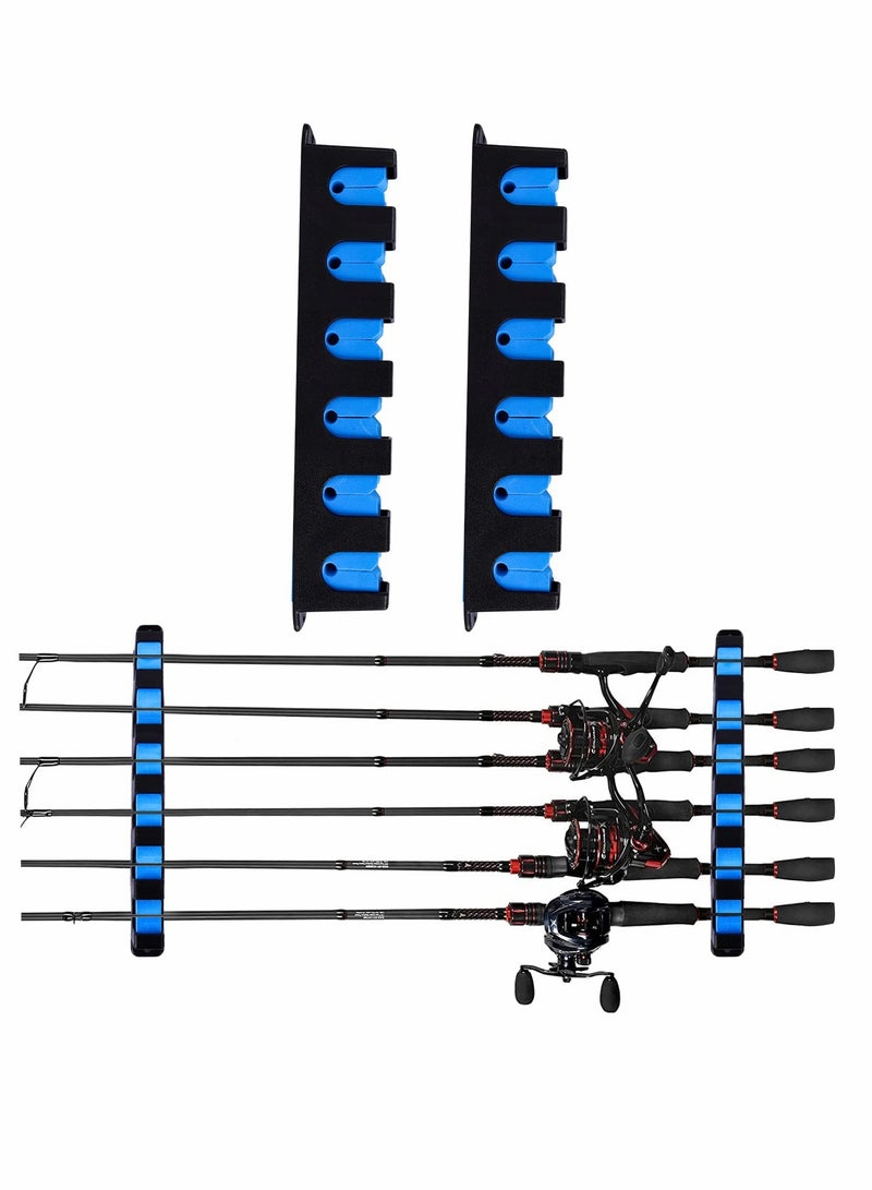 Rod Racks Upgraded Fishing Rod Holder, Wall Mounted Fishing Rod Rack, Fishing Pole Holders for Garage,6-Rod Fishing Pole Rack, 1 Pair (Horizontal), BLUE, 13.8 * 5.3 * 1.3in