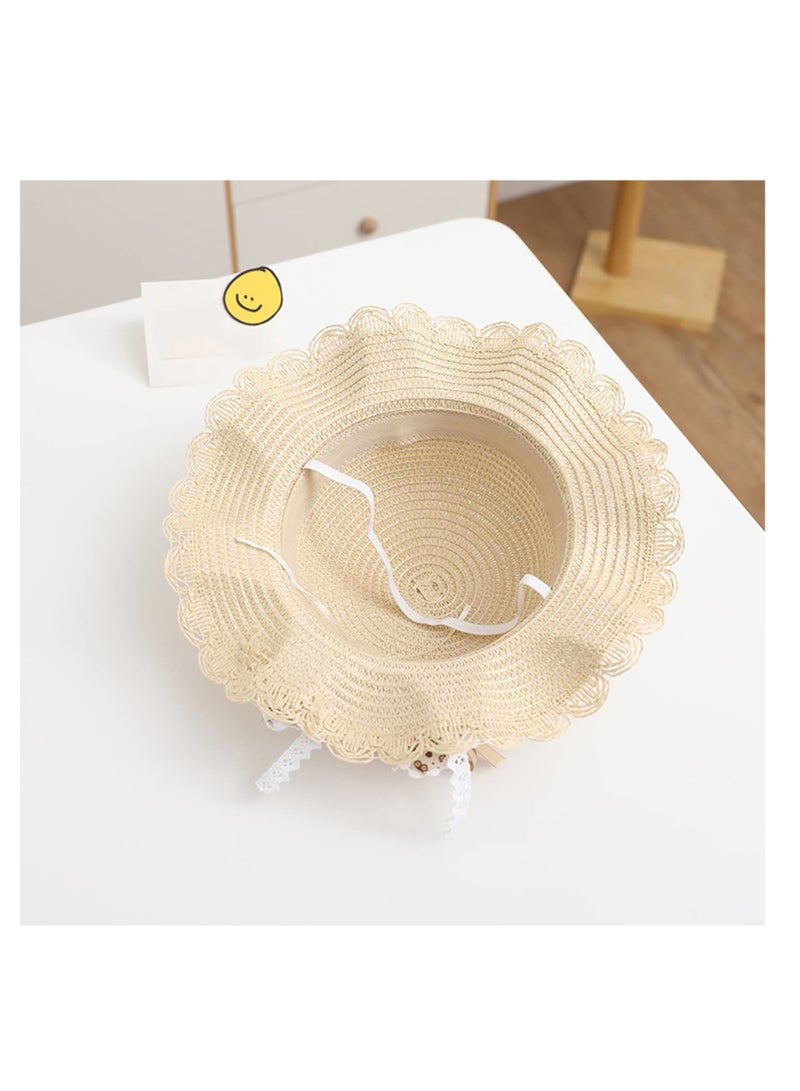 Summer Straw Sun Hat, 2 Pcs Wide Brim Reversible Bowknot Beach Hats, with Crossbody Bags, Summer Beach UV Protection Beach Cap, Sun Visor Hat & Straw Bag for 2-7 Years Kids, Beige