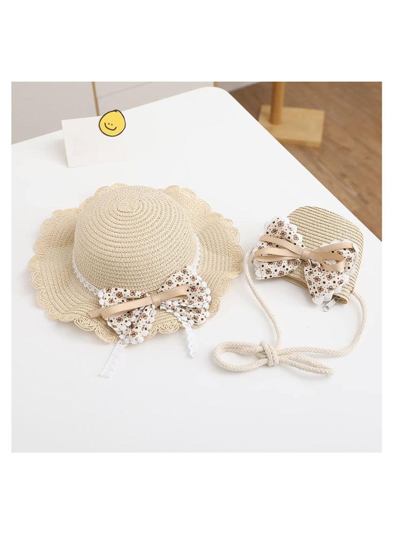 Summer Straw Sun Hat, 2 Pcs Wide Brim Reversible Bowknot Beach Hats, with Crossbody Bags, Summer Beach UV Protection Beach Cap, Sun Visor Hat & Straw Bag for 2-7 Years Kids, Beige