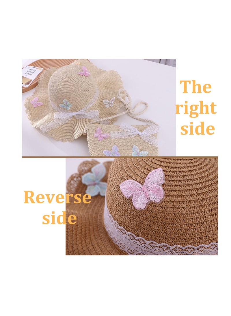 Straw Hat and Straw Bag for Kids, 2 Pcs Cute Butterfly Lace Hat ＆ Straw Crossbody Bag, Sun Protection Outdoor Adorable Tourism Straw Hat for Girls, Summer Beach Sun Visor Hat & Straw Bag, Beige