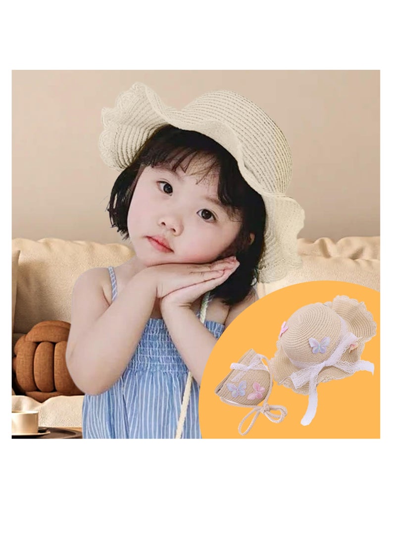 Straw Hat and Straw Bag for Kids, 2 Pcs Cute Butterfly Lace Hat ＆ Straw Crossbody Bag, Sun Protection Outdoor Adorable Tourism Straw Hat for Girls, Summer Beach Sun Visor Hat & Straw Bag, Beige