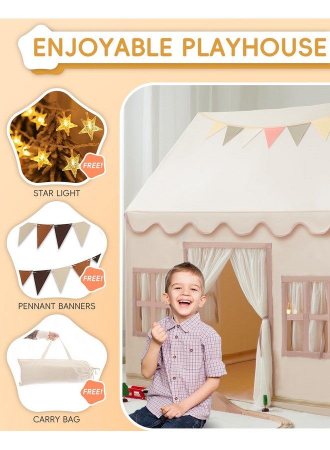 Large Kids Tent Playhouse Basic Mat With Star Lights Flags And Tote Bags Kids Play Tent Indoor & Outdoor Washable Teepee Tent For Boys & Girls Kids Play House For Toddler Neutral Color