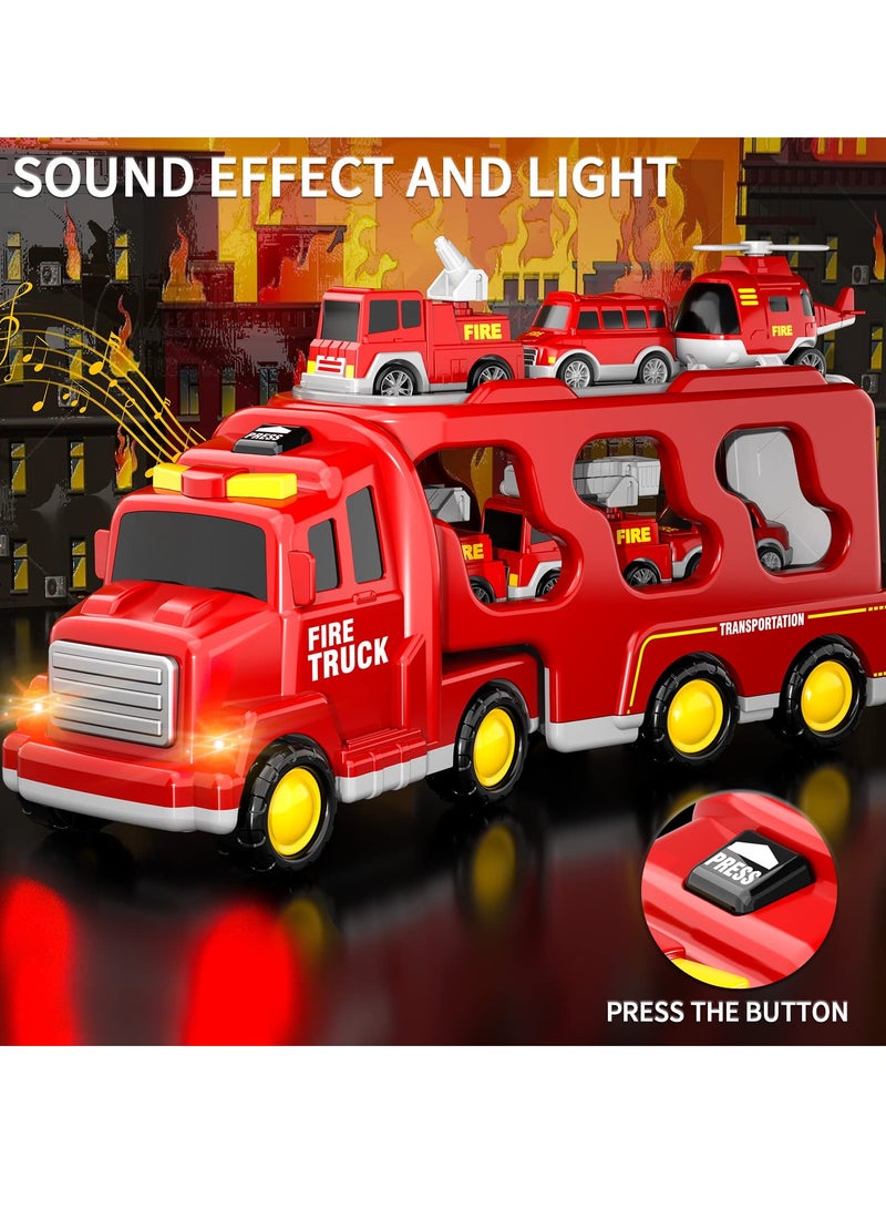 Fire Toys for 3 4 5 6 Years Old Boys Girls - 7 in 1 Carrier Truck Transport for Toddlers 1-3, Friction Power Vehicles for Kids 3-5, Birthday Gifts for Boys & Girls 3-5 Years Old