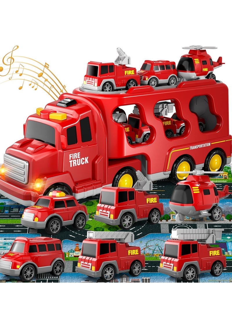 Fire Toys for 3 4 5 6 Years Old Boys Girls - 7 in 1 Carrier Truck Transport for Toddlers 1-3, Friction Power Vehicles for Kids 3-5, Birthday Gifts for Boys & Girls 3-5 Years Old