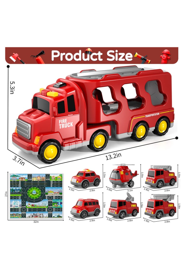 Fire Toys for 3 4 5 6 Years Old Boys Girls - 7 in 1 Carrier Truck Transport for Toddlers 1-3, Friction Power Vehicles for Kids 3-5, Birthday Gifts for Boys & Girls 3-5 Years Old