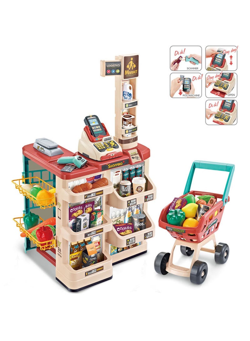 Children 's home Supermarket Toy Shopping Cart cash Register Sets（Beige and Red）