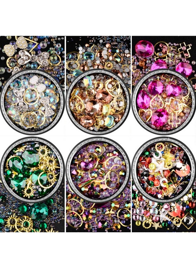 6 Wheels Mixed Sparkle Nail Art Rhinestones Diamonds Crystals Butterfly Beads Artificial Pearls Gold Silver Nail Studs Gems Metal Hollow Rivets Charms (Micro Caviar Beads Kit)