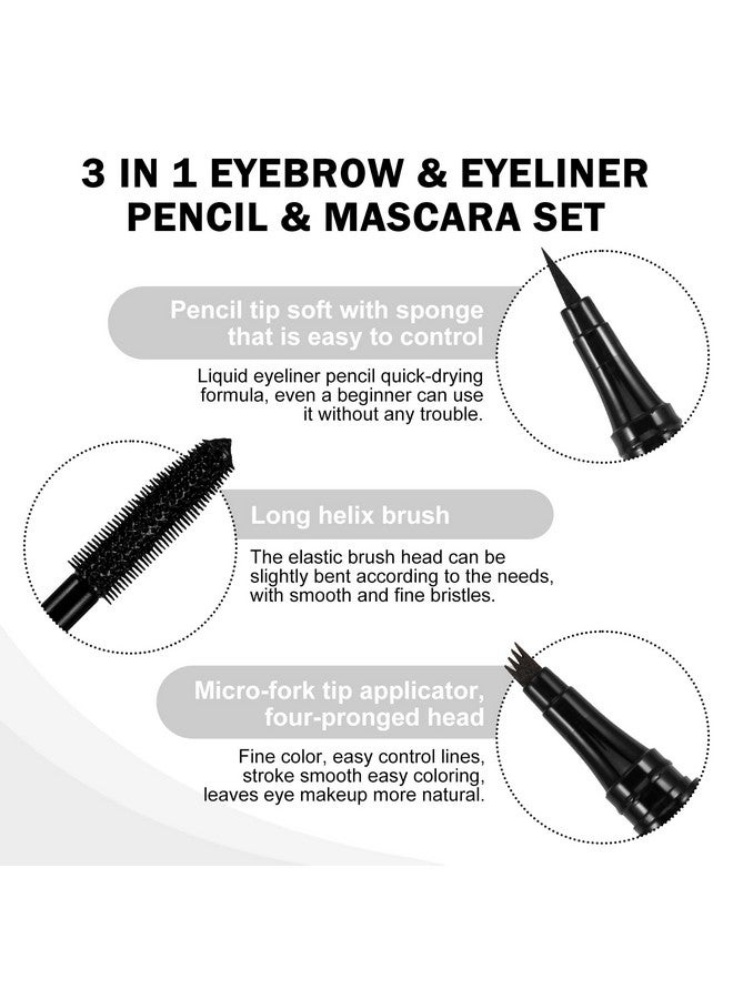 3 In 1 Eye Makeup Set With Liquid Eyeliner Pen Microblading Eyebrow Pencil And Volume Mascara For Eyelashes Quickdry Waterproof Formula Long Lasting Smudgeproof All Day Natural Eye Look