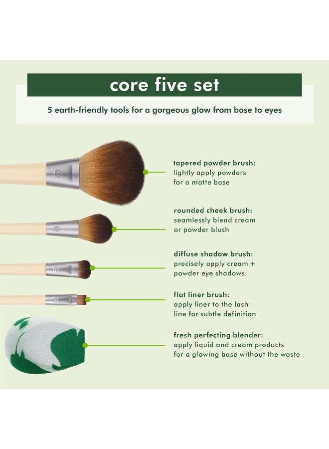 Core Five Makeup Brush And Sponge Kit For Eyeshadow Blush Bronzer Eyeliner & Foundation Makeup Blending Sponge For Liquid & Cream Products Essential Eco Friendly Brushes 5 Piece Set