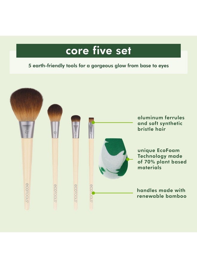 Core Five Makeup Brush And Sponge Kit For Eyeshadow Blush Bronzer Eyeliner & Foundation Makeup Blending Sponge For Liquid & Cream Products Essential Eco Friendly Brushes 5 Piece Set