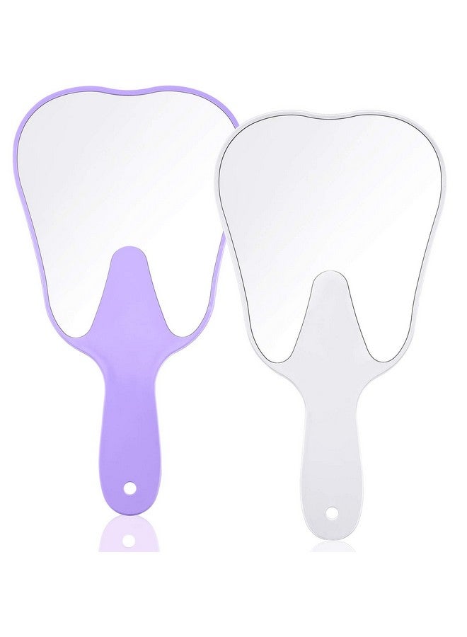 2 Pieces Tooth Shaped Handheld Mirror Cute Makeup Mirror Hand Held Plastic Dental Mirrors With Handle Cosmetic Hand Mirror For Women Men Girls And Kids (White Purple)