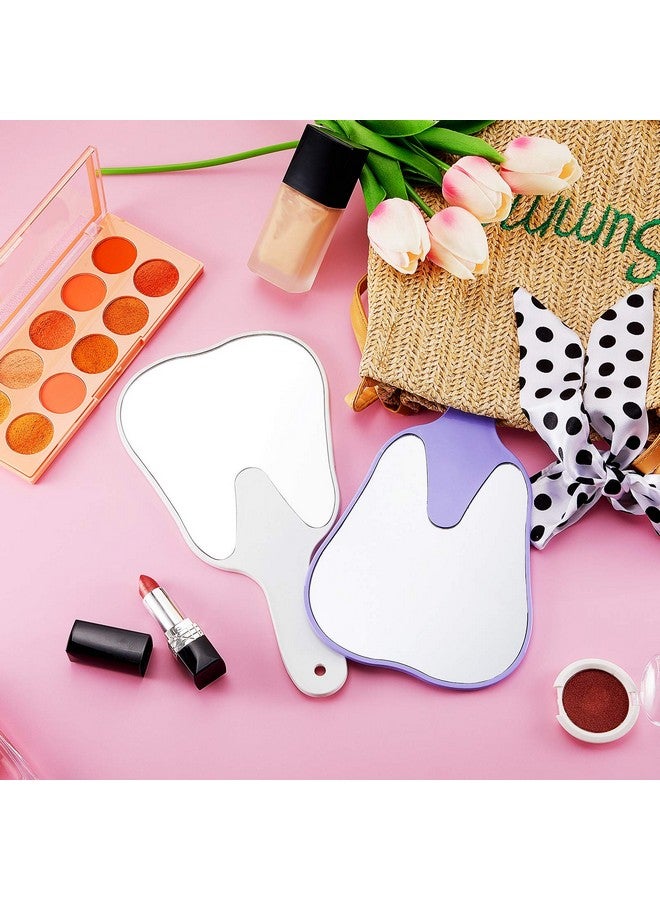 2 Pieces Tooth Shaped Handheld Mirror Cute Makeup Mirror Hand Held Plastic Dental Mirrors With Handle Cosmetic Hand Mirror For Women Men Girls And Kids (White Purple)