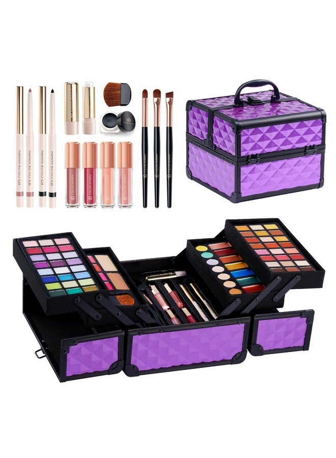 All In One Makeup Kit For Girls Teens Makeup Set 4 Trays Spacious Space Train Case For Beginner With Eyeshadow Highlighter Lipgloss Blush Contour Concealer Brush Eyeliner Lipbalm