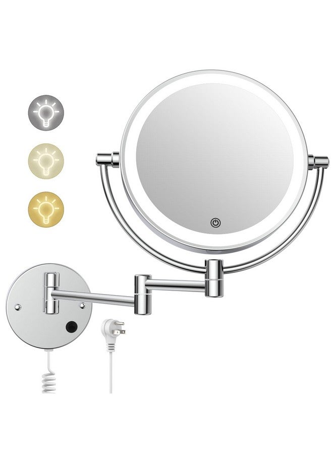 Wall Mounted Makeup Mirror With Lights Plugin Ac Cord 8 Lighted Vanity Mirror Large Double Sided 1X/10X Magnifying Mirror 3 Color Lights & Stepless Dimming 360°Free Rotation