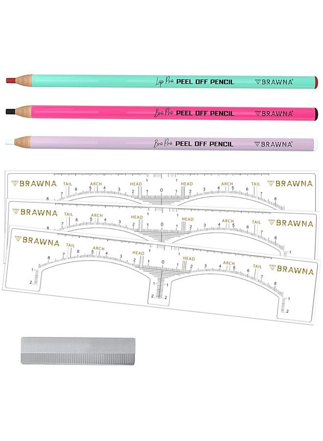 3 Pcs Pmu Mapping Pencils Set With 3 Eyebrow Ruler Sticker And Razor Blade Sharpener For Microblading Eyebrow Lip Blushing And Brow Measuring