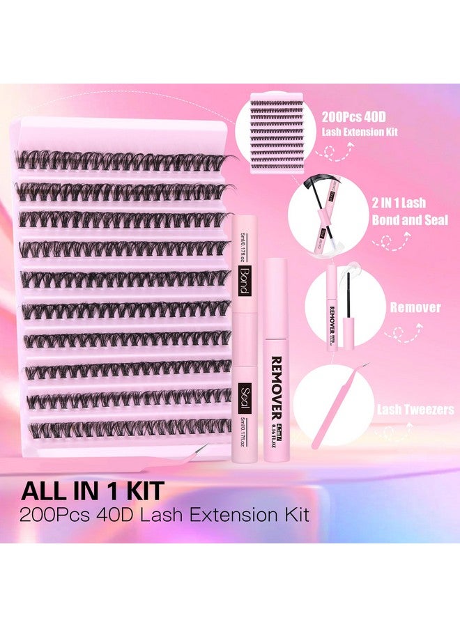 Diy Lash Extension Kit Individual Eyelash Extension Kit 200Pcs Cluster Lashes Kit Eyelash Extension Clusters With Bondseal And Lash Extension Remover Lash Tweezers At Home By Tnfvloneins (Kit40D)