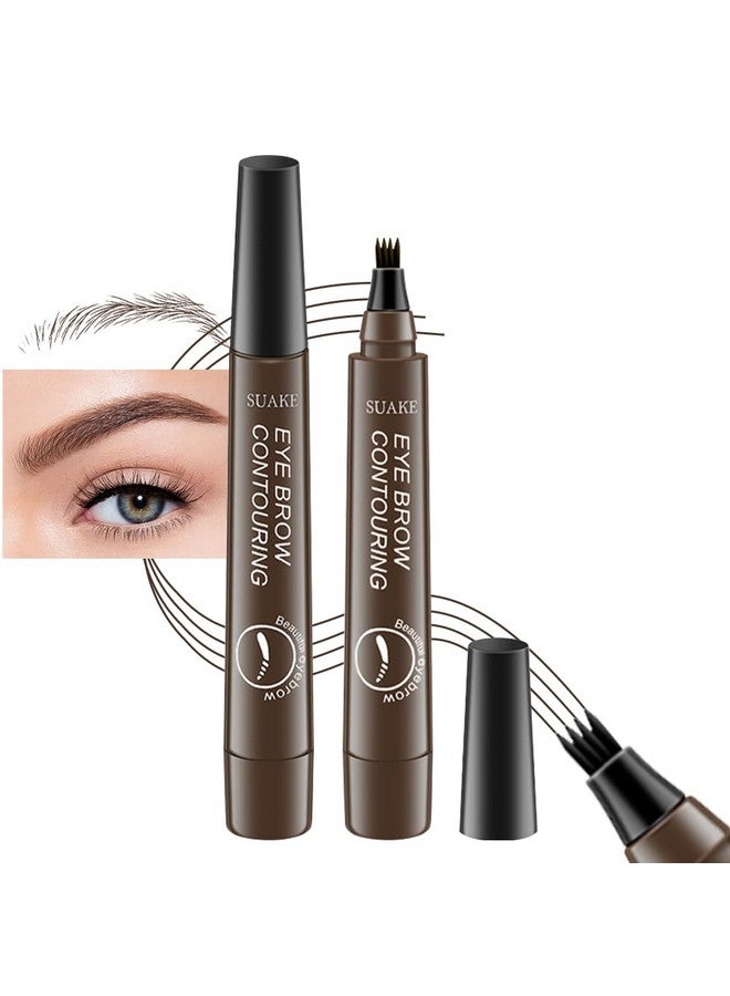 Suake 2Pcs Dark Brown Magic Microblading Eyebrow Contouring Pen Pencil 4 Tipped Precise Brow Pen With Sponge Microfork Tips Applicator Create Natural Looking Brows Eyebrow Makeup Long Lasting