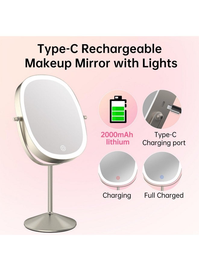 Lighted Makeup Mirror Oval 1X/7X Magnifying Mirror With Light 360° Rotation Touch Screen Vanity Mirror 3 Color Option Dimmable Double Sided Rechargeable Makeup Mirror With Magnification