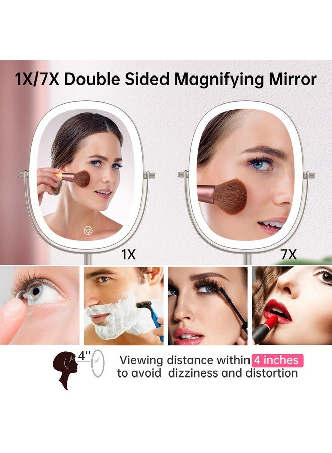 Lighted Makeup Mirror Oval 1X/7X Magnifying Mirror With Light 360° Rotation Touch Screen Vanity Mirror 3 Color Option Dimmable Double Sided Rechargeable Makeup Mirror With Magnification