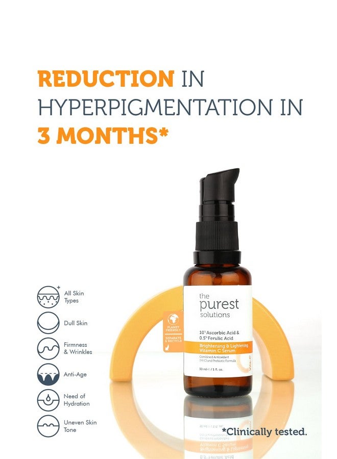 Brightening & Lightening Vitamin C Serum (10% Ascorbic Acid & 0.5% Ferulic Acid) Revitalize & Renew Dull Skin Antiaging Care & Antistress Care Vegan (1 Fl. Oz)
