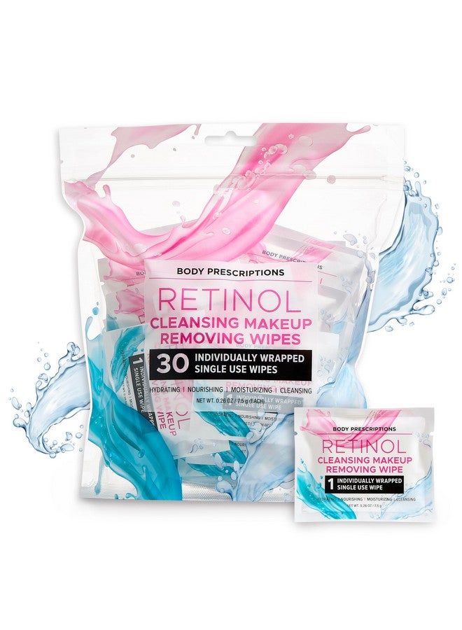 Retinol Cleansing Makeup Removing Wipes 30 Individually Wrapped Single Use Wipes Hydrating Nourishing Moisturizing 7.5G Each