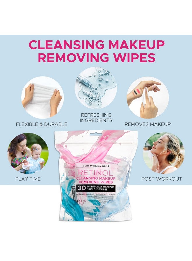 Retinol Cleansing Makeup Removing Wipes 30 Individually Wrapped Single Use Wipes Hydrating Nourishing Moisturizing 7.5G Each