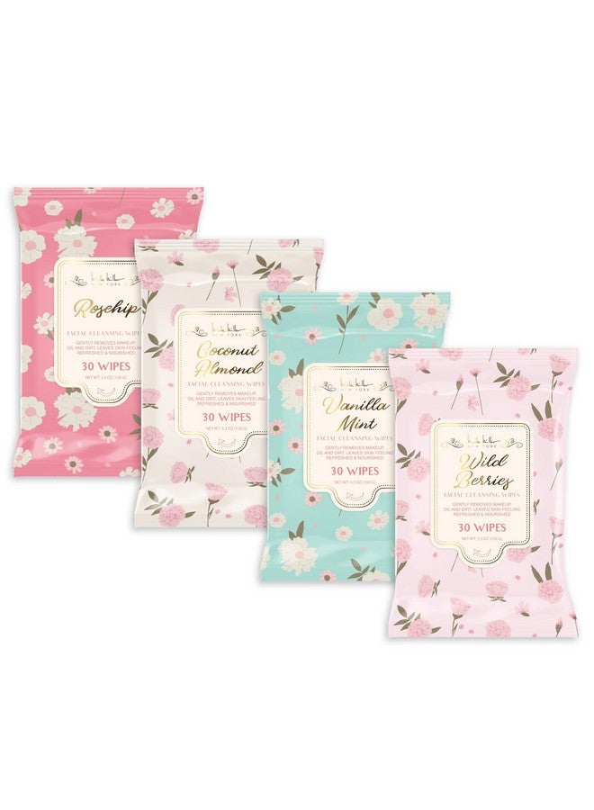 Facial Cleansing Wipes Rosehip Coconut Almond Vanilla Mint And Wild Berries Face Cleansing And Gentle Makeup Remover Wipes 4 Pack (30 Count Each) 120 Towelettes Nicole Miller
