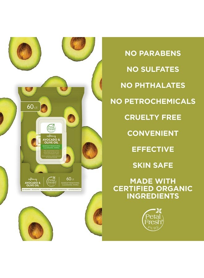 Softening & Protecting Avocado & Olive Oil Makeup Removing Cleansing Towelettes Gentle Face Wipes Daily Cleansing Vegan And Cruelty Free 60 Count